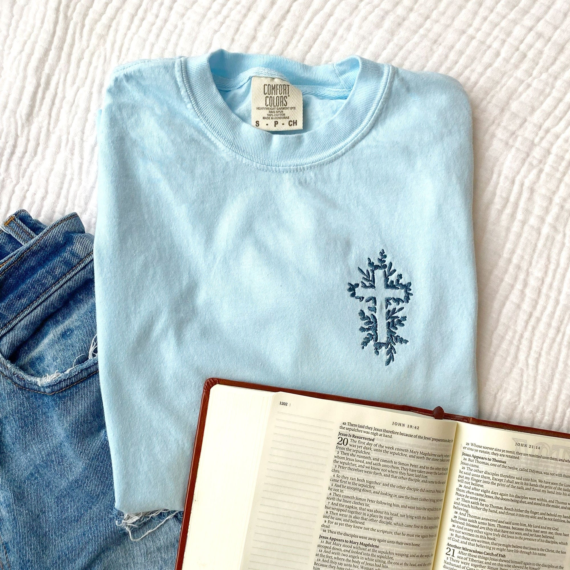 Embroidered Floral Cross Comfort Colors T-Shirt , Faith Based Christian T-Shirt , Easter , Religious Top , Jesus T-Shirt